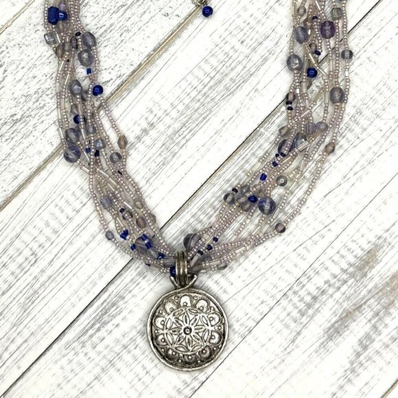 Beaded Multi Strand Necklace Silver tone Pendant Boho Style Blue Beads - Picture 2 of 3